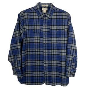 LL Bean Chamois Cloth Shirt Men's Large Blue Plaid Heavyweight Flannel Workwear